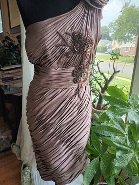 Annabelle One-Shoulder Ruched Dress in Taupe with Beaded Appliqué
